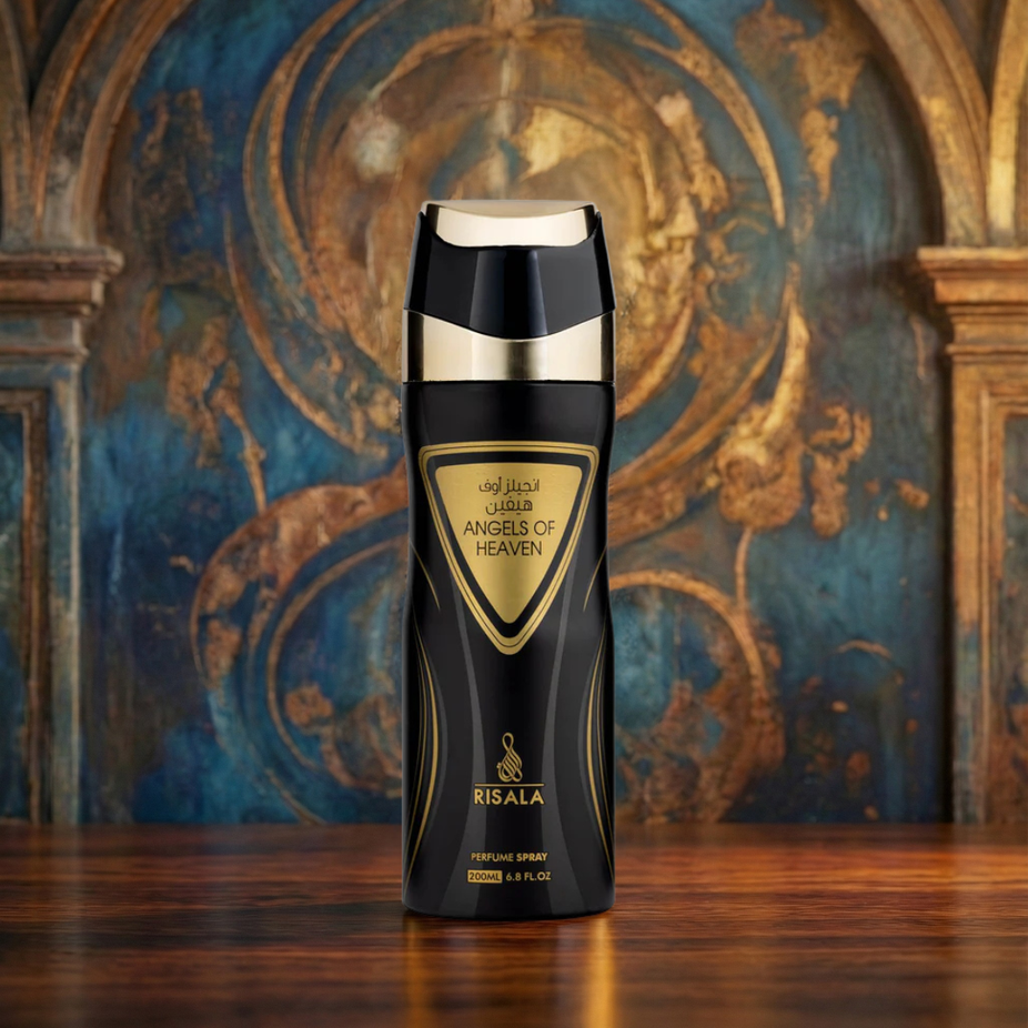 RISALA Angels of Heaven perfumed body spray 200ml deodorant bottle with elegant design and floral accents.