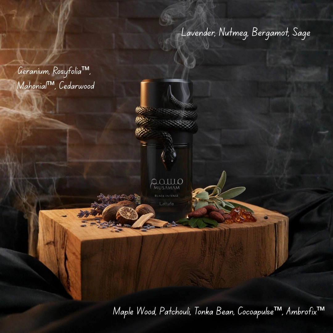 Lattafa Musamam & Musamam White and Black Intense Eau de Parfum spray bundle, 100ml each, with elegant perfume bottles.