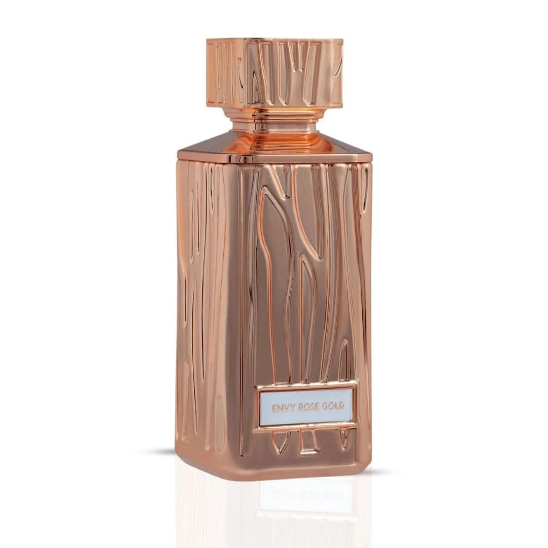 Hamidi Envy Rose Gold Eau de Parfum spray 100ml with velvet pouch, showcasing the elegant pink perfume bottle.