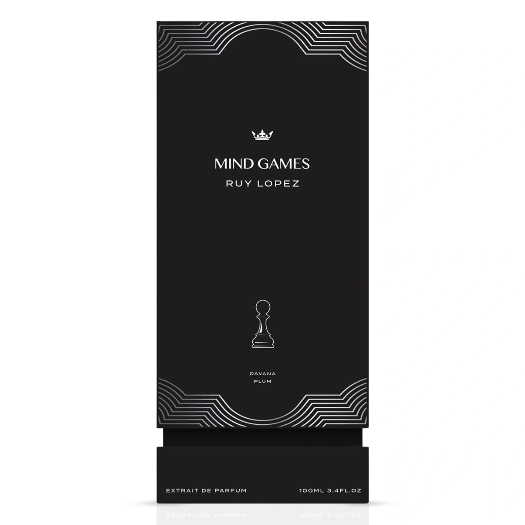 Mind Games Ruy Lopez Extrait de Parfum 100ml EDP bottle with elegant label and cap, showcasing luxury fragrance design.