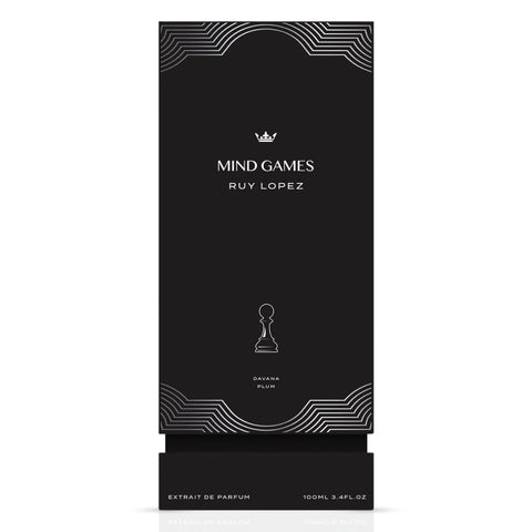 Mind Games Ruy Lopez Extrait de Parfum 100ml EDP bottle with elegant label and cap, showcasing luxury fragrance design.