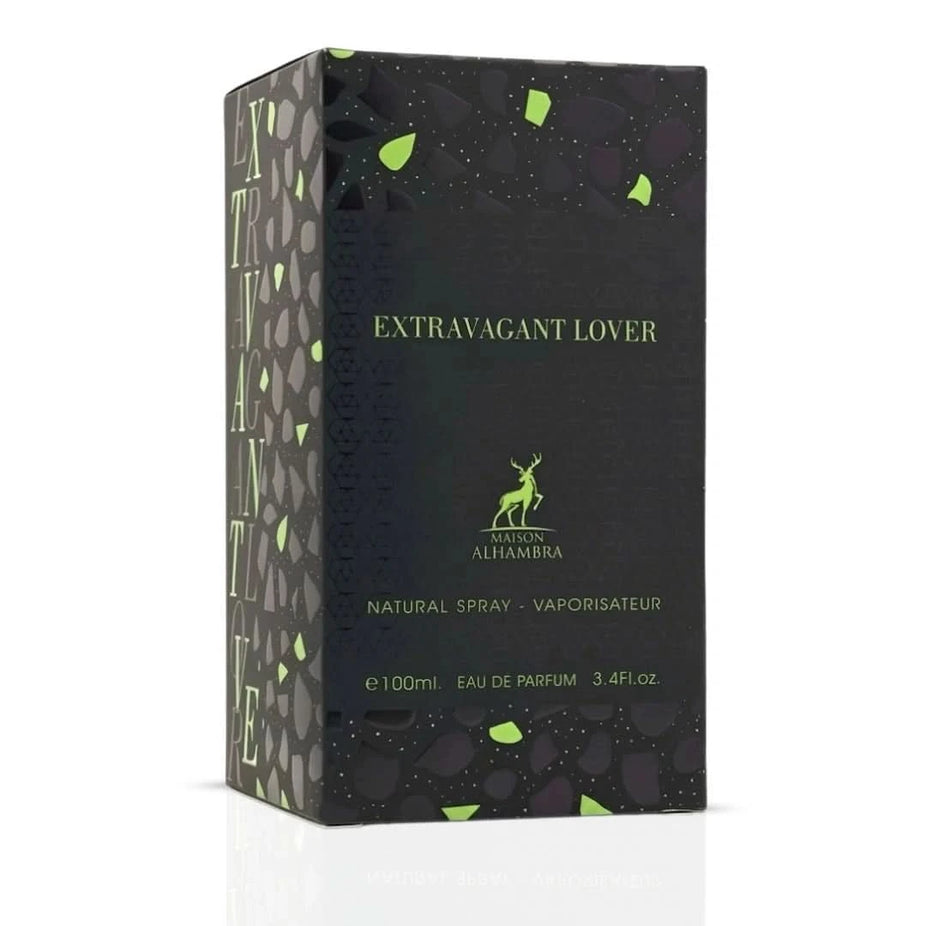 Maison Alhambra Extravagant Lover Eau de Parfum spray 100ml bottle with elegant packaging and floral accents.