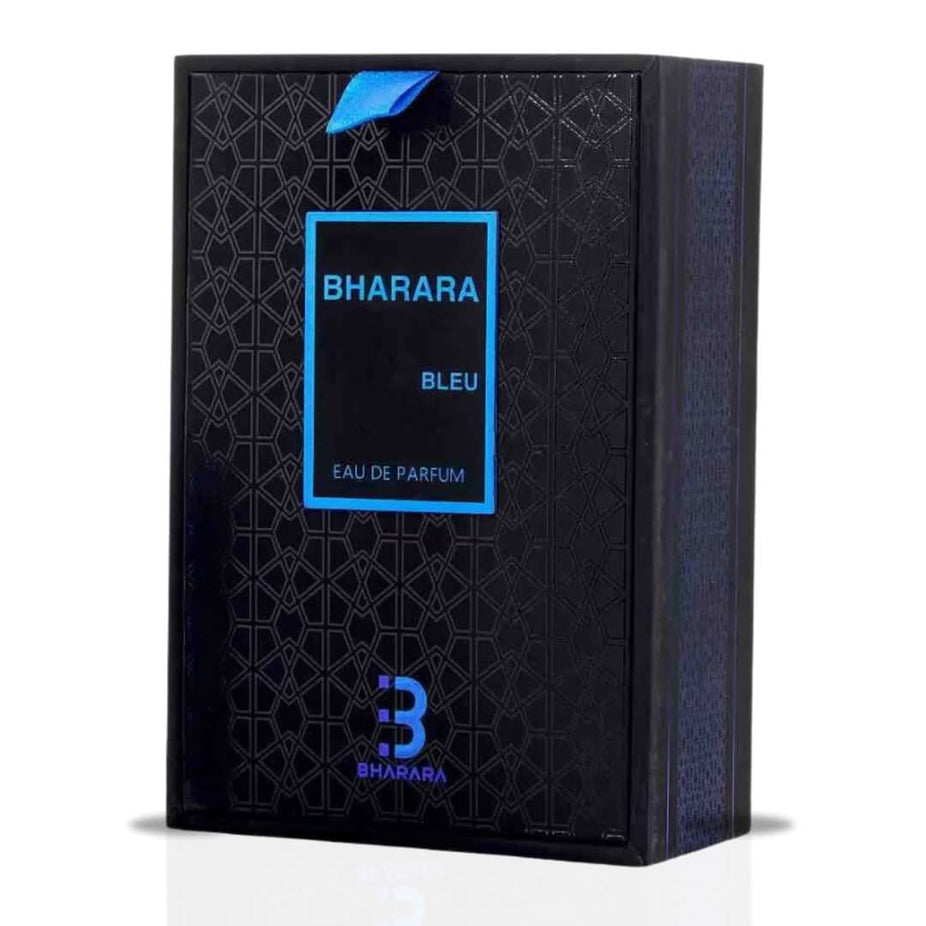 Bharara Bleu Pour Homme Eau de Parfum spray 100ml, sleek bottle with blue accents, representing masculine fragrance by Bharara.