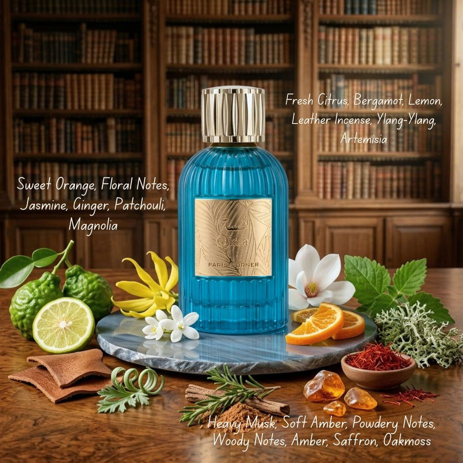 Paris Corner Qissa Blue and Qissa Gala Eau de Parfum Spray bundle, 100ml, featuring elegant perfume bottles.