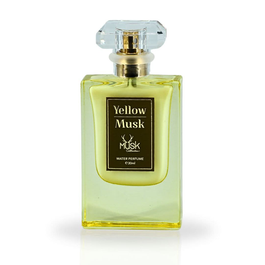 Yellow Musk Water Perfume spray by Hamidi, 30ml, featuring a vibrant, refreshing aroma in a sleek glass bottle.