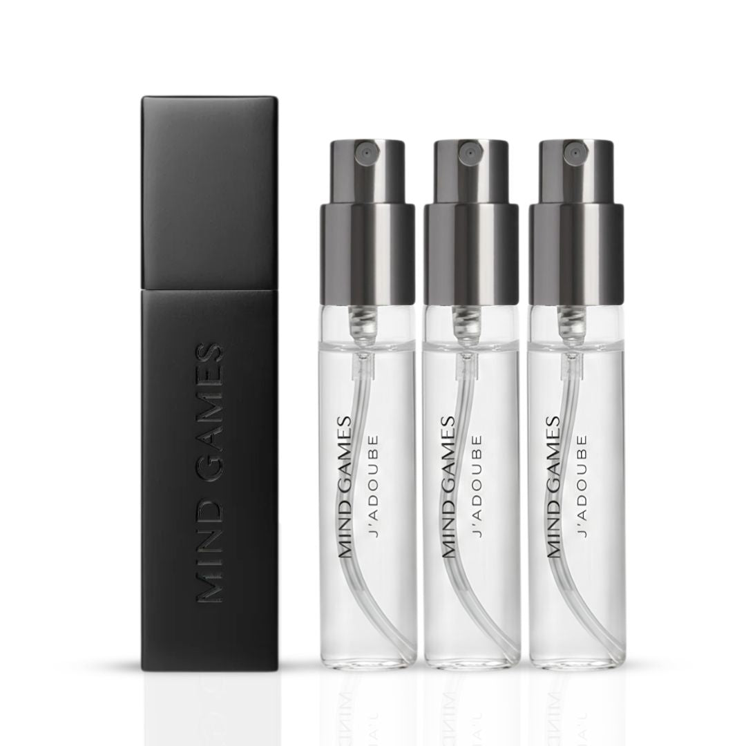 Mind Games J’Adoube Travel Trio set with three 7.5ml bottles of game components or liquids, displayed in a collection.