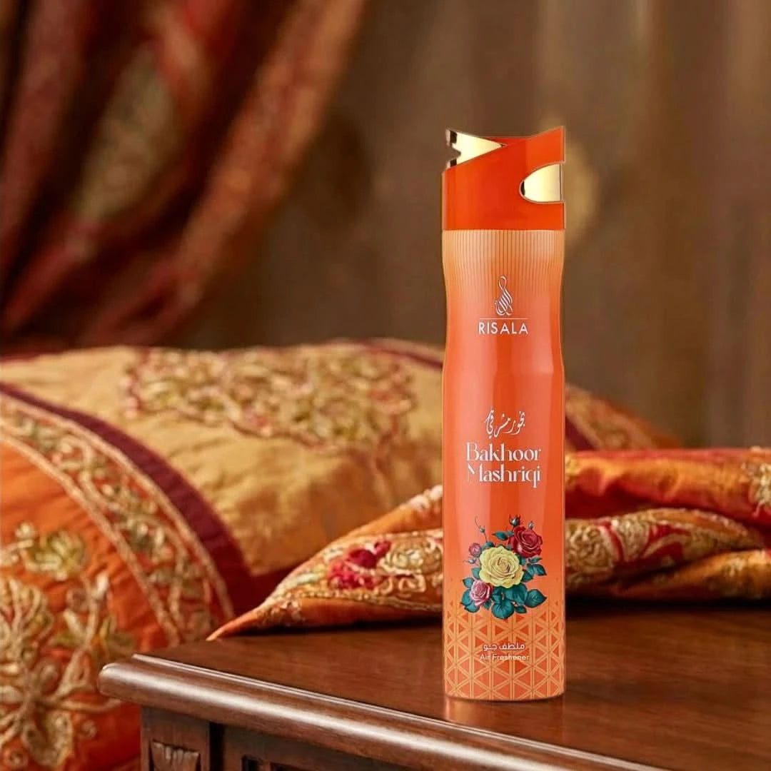 RISALA Bakhoor Mashriqi air freshener 300ml bottle with decorative design and a white cap, used for home fragrance.