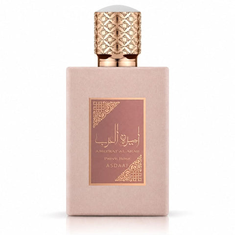 Ameerat Al Arab Prive Rose Eau De Parfum spray by Lattafa, 100ml, with a velvet pouch, featuring elegant rose fragrance packaging.
