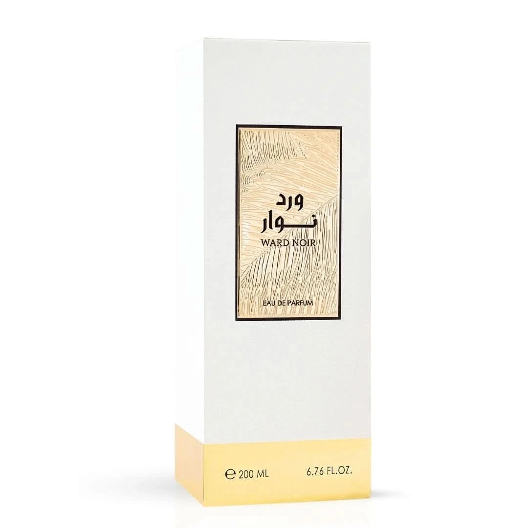 Ward Noir Eau de Parfum Spray by Rasasi, 200ml bottle, with sleek black packaging and elegant perfume splash on a white background.