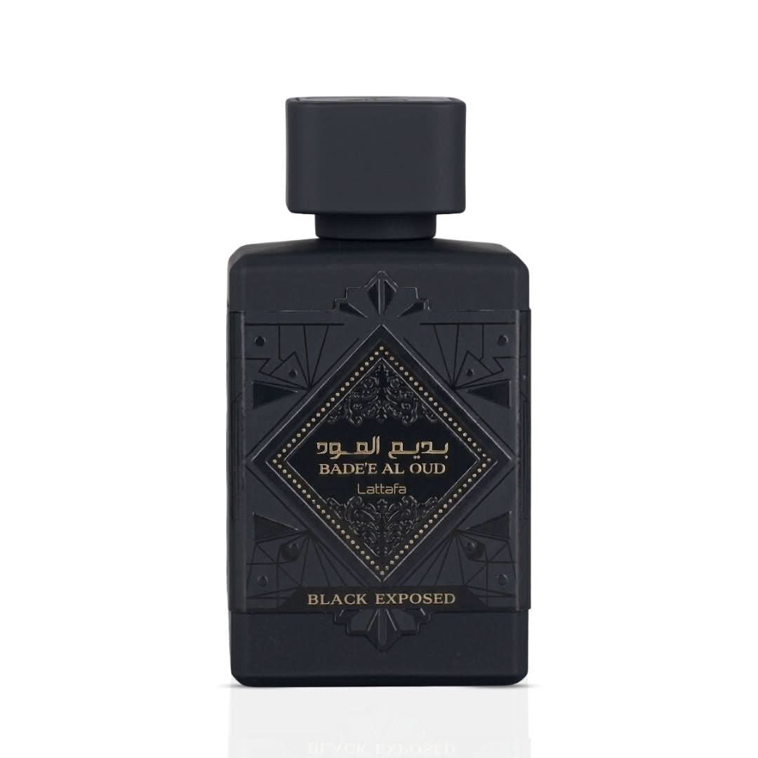 Lattafa Bade'e Al Oud Black Exposed Eau de Parfum spray bottle, 100ml, with sleek black and gold design on a white background.