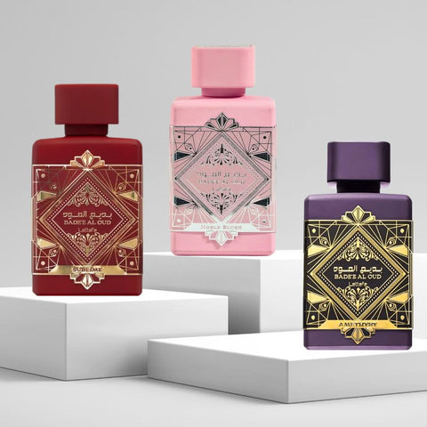 Lattafa Bade'e Al Oud Noble Blush, Amethyst & Sublime Eau de Parfum 100ml bundle with three perfume bottles.