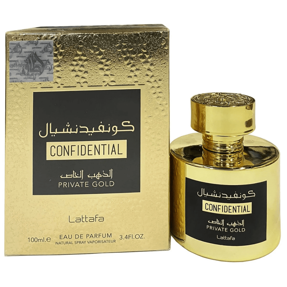 Bottle of Confidential Private Gold Eau de Parfum Spray by Lattafa, 100ml, with gold accents and elegant packaging.