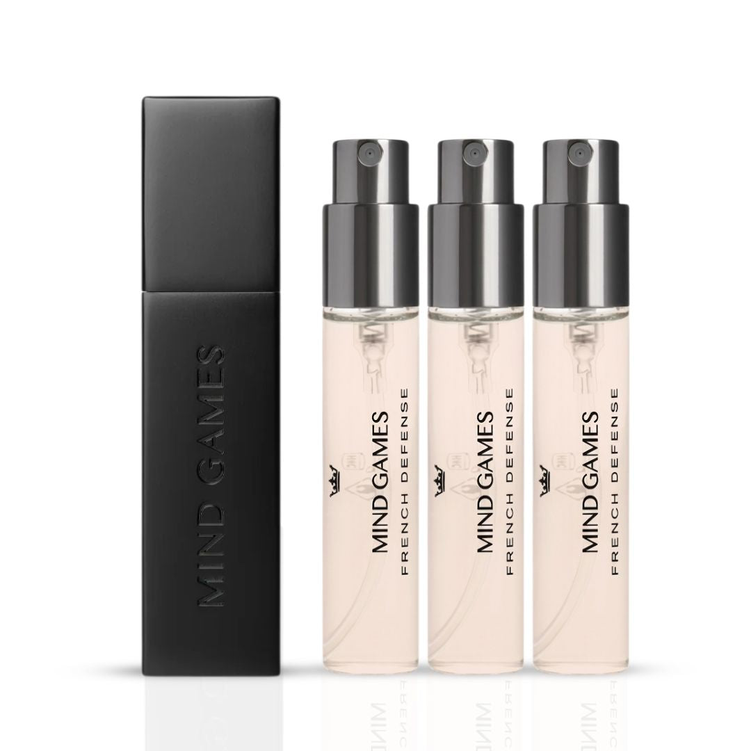 Mind Games French Defense Travel Trio featuring three 7.5ml fragrance bottles in a collection, perfect for on-the-go scent experience.