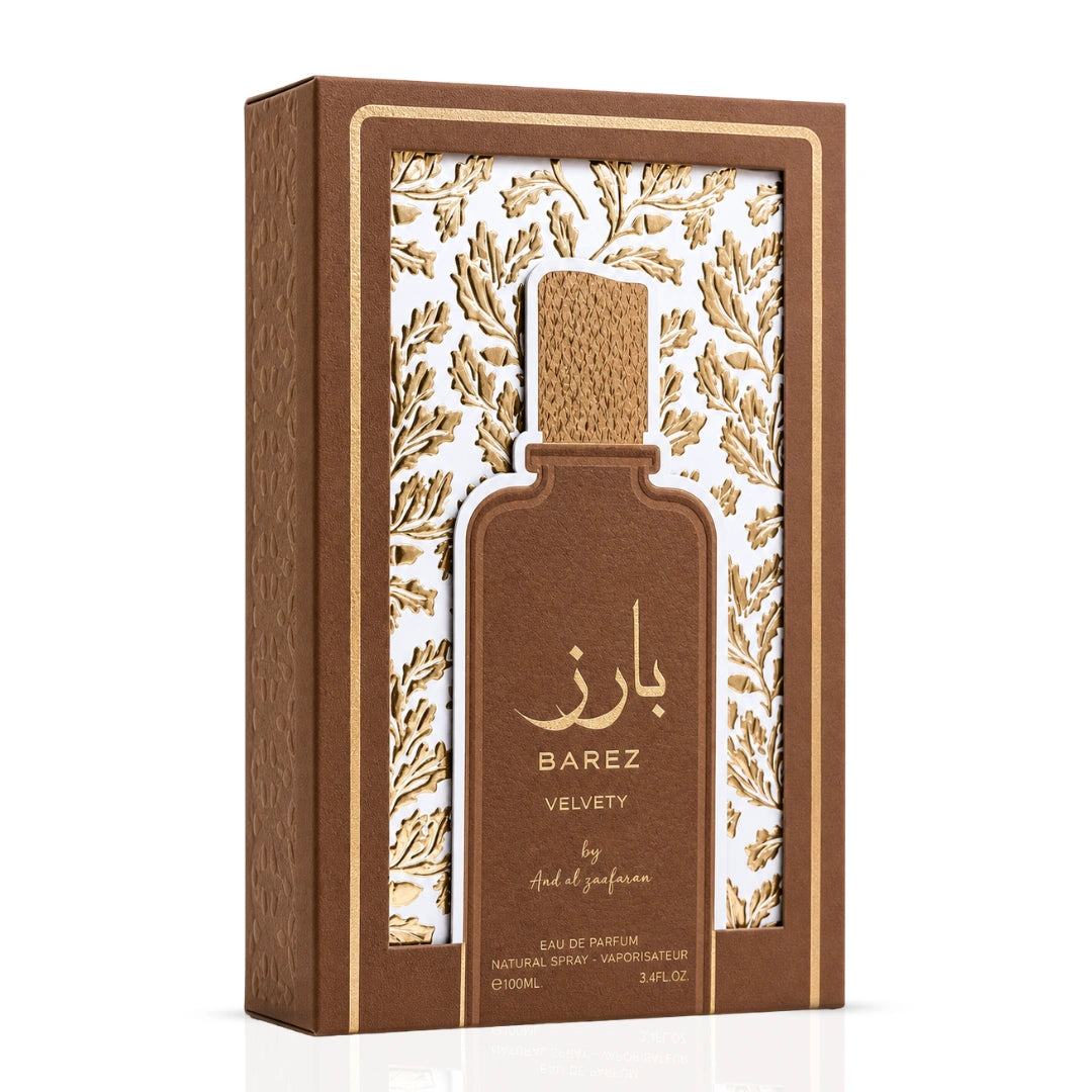 Barez Velvety Eau de Parfum spray by Ard Al Zaafaran, 100ml bottle with elegant packaging, showcasing the luxurious fragrance design.
