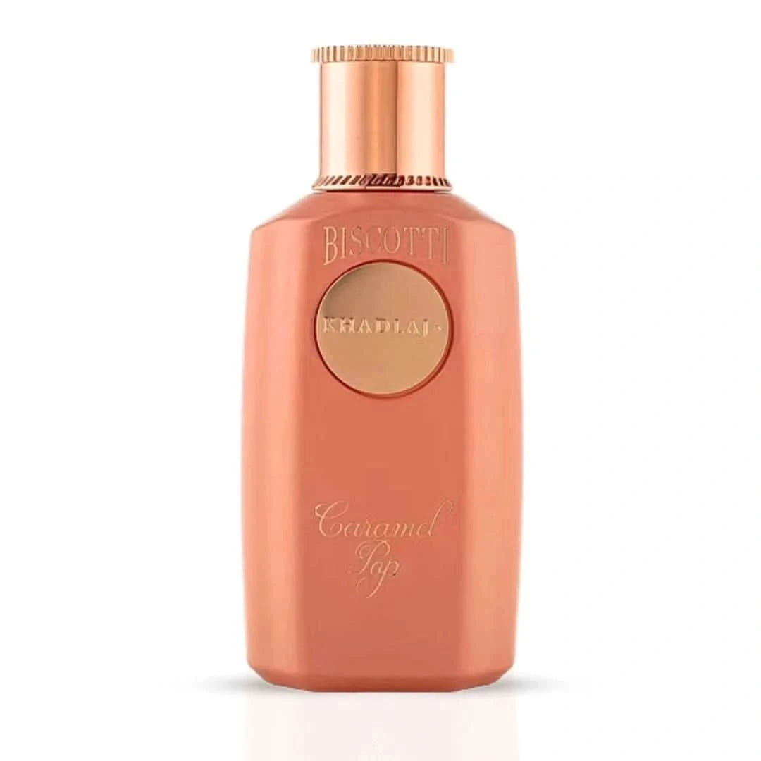 Khadlaj Biscotti Caramel Pop Eau de Parfum spray 100ml with velvet pouch, featuring warm caramel and sweet fragrance notes.