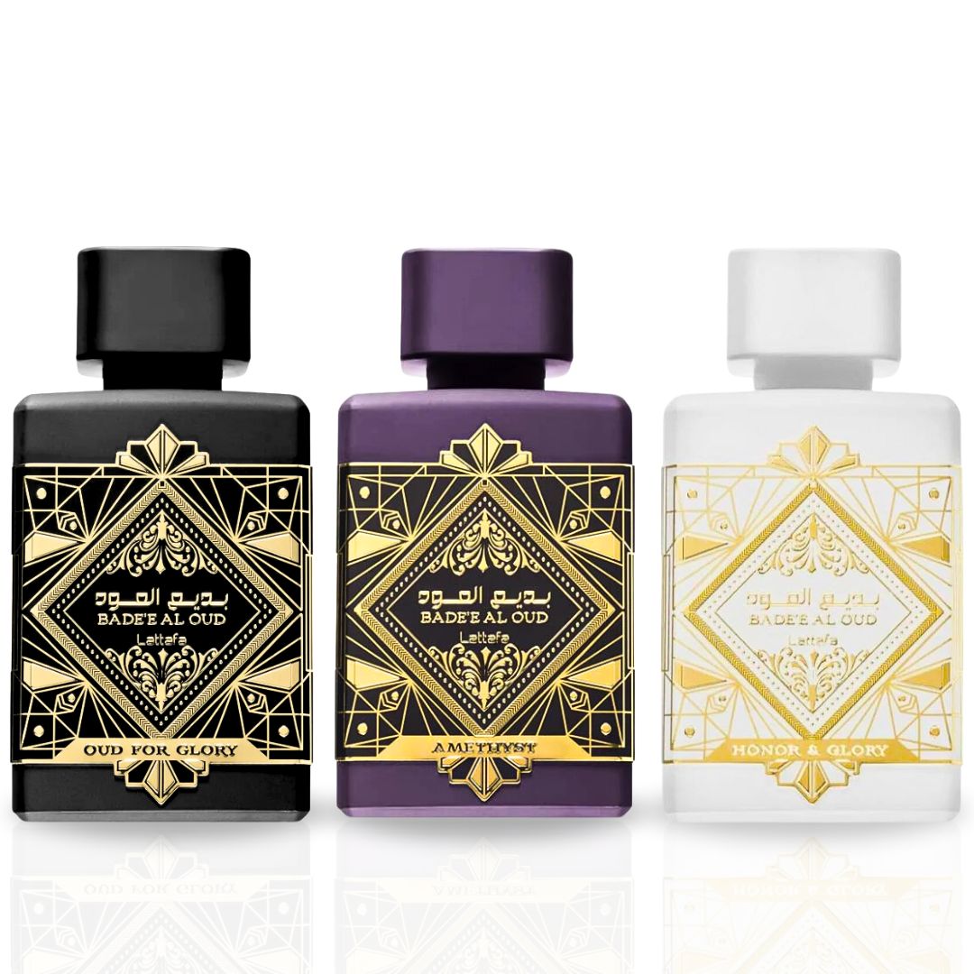 Bad'ee Al Oud Glory, Bad'ee Al Oud Amethyst & Bade’e Al Oud Honor & Glory EDP Sprays 100ML (3.4 OZ) By Lattafa | Three Captivating Scents, One Unforgettable You. (VALUE PACK) - Intense Oud