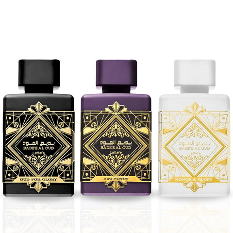 Bad'ee Al Oud Glory, Bad'ee Al Oud Amethyst & Bade’e Al Oud Honor & Glory EDP Sprays 100ML (3.4 OZ) By Lattafa | Three Captivating Scents, One Unforgettable You. (VALUE PACK) - Intense Oud