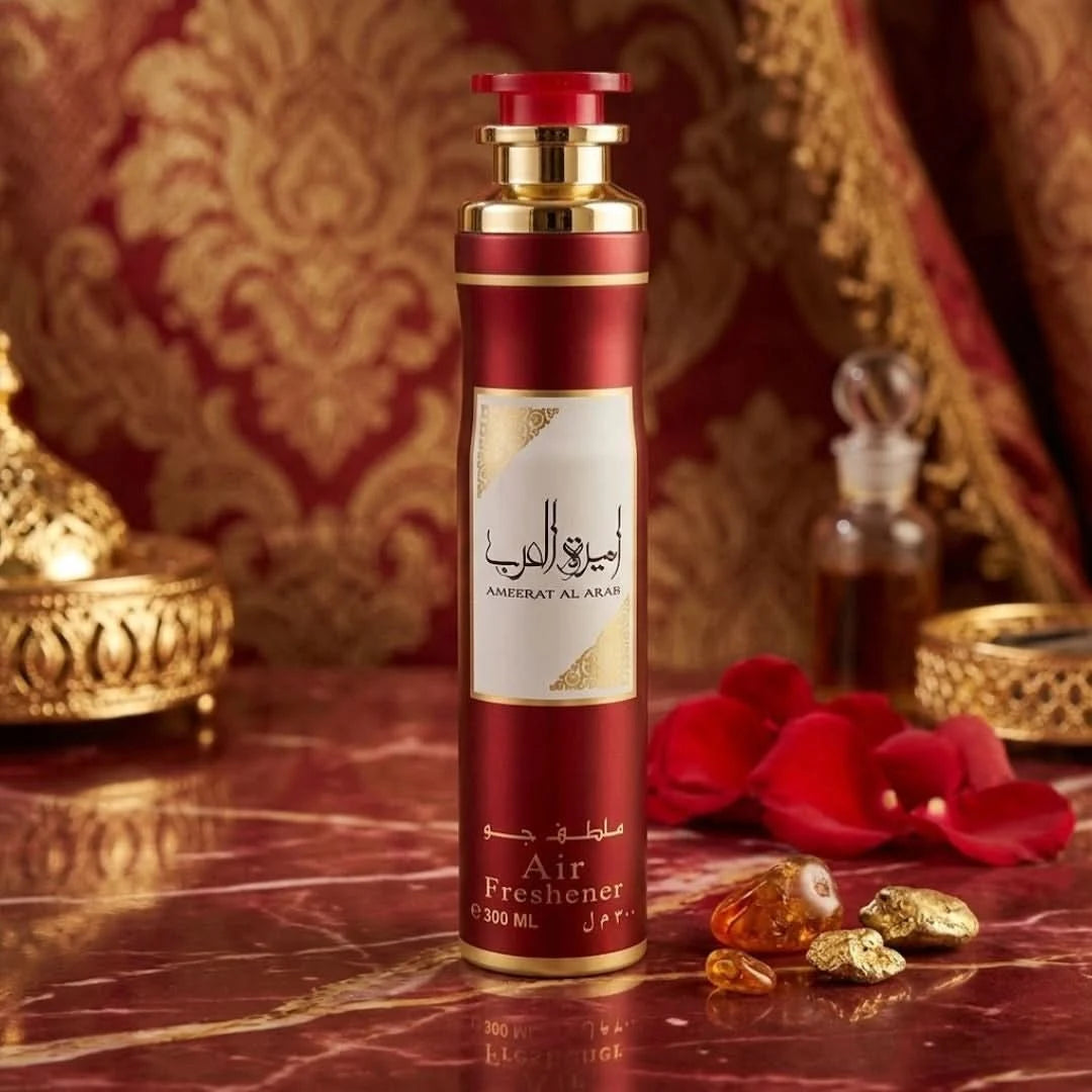 Ameerat Al Arab air freshener spray by Lattafa, 300ml, with a sleek design and floral scent label on the bottle.