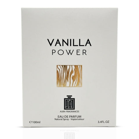 Aura Fragrances Vanilla Power Eau De Parfum spray bottle, 100ml, with elegant packaging and a vanilla-scented fragrance.