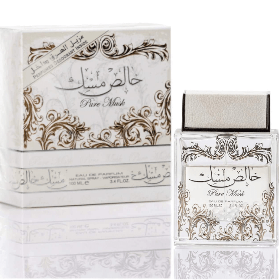 Lattafa Pure Musk Eau de Parfum spray bottle, 100ml, with sleek design and elegant packaging for a luxurious musk fragrance.