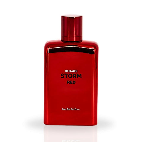 Khaadi Storm Red Eau de Parfum spray bottle, 100ml, with a sleek red and black design, shown in a close-up shot.
