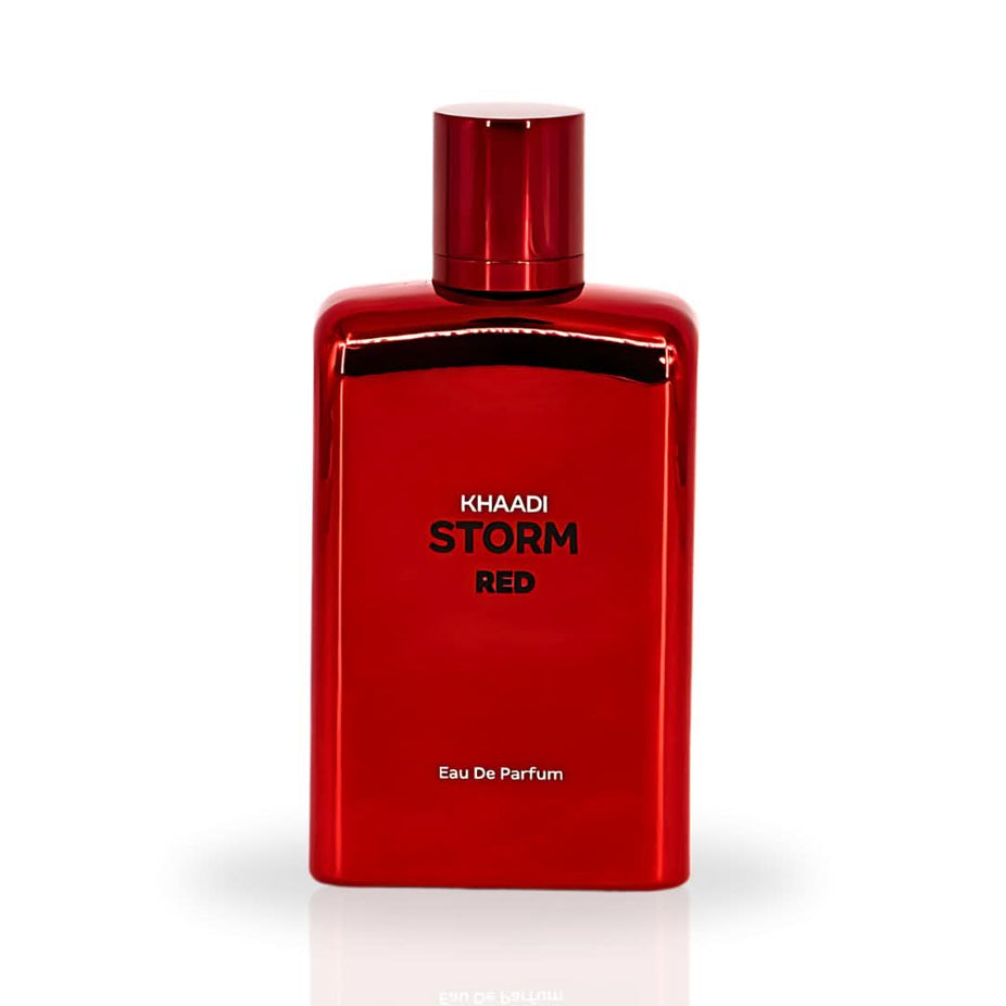 Khaadi Storm Red Eau de Parfum spray bottle, 100ml, with red and black packaging, showcasing the elegant fragrance design.