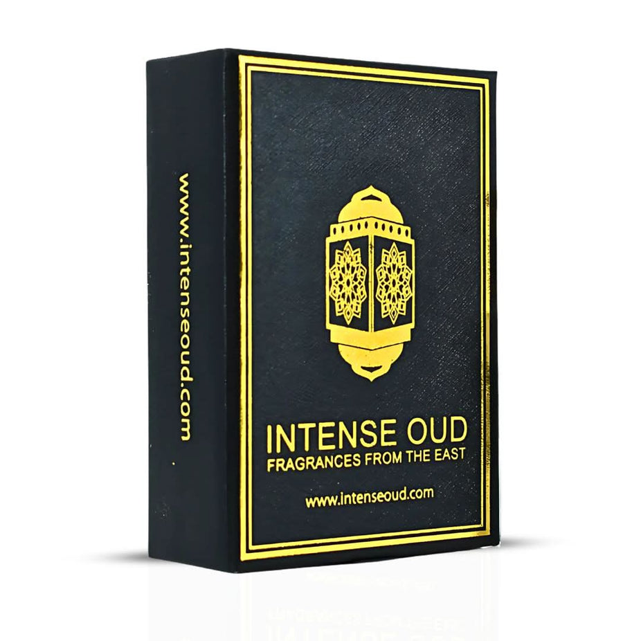 Inaya Perfume Oil 12ml by Intense Oud displayed in a sleek black gift box, showcasing the luxurious loose oil product.