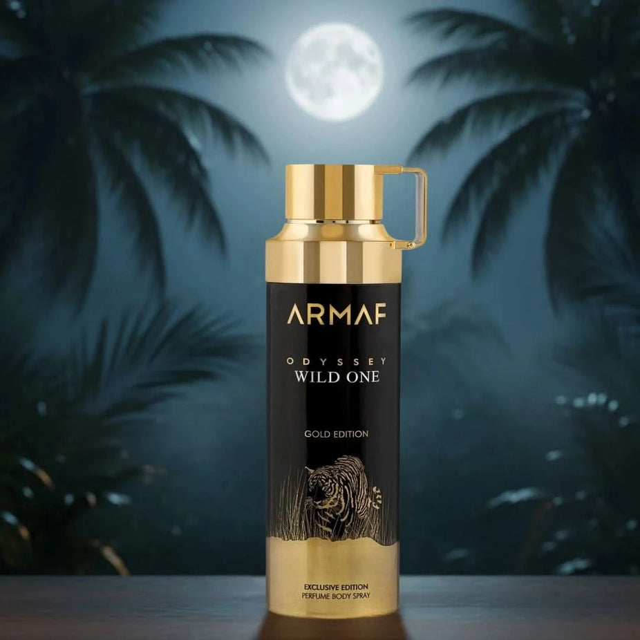 Odyssey Wild One Gold Edition deodorant spray by Armaf, 200ml, featuring a sleek gold bottle and spray nozzle.