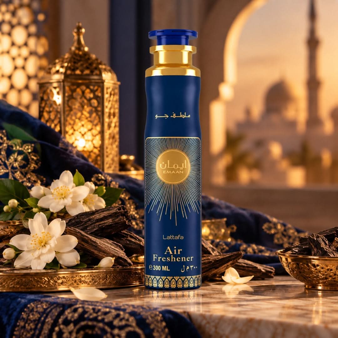 Lattafa Emaan Air Freshener 300ml bottle with a sleek design, displaying the product label and cap.
