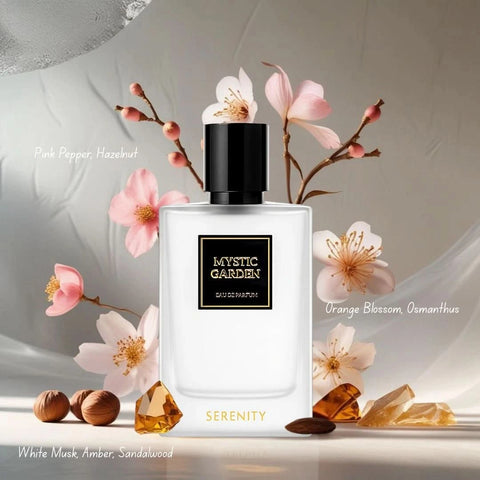 Serenity Mystic Garden Eau de Parfum spray bottle, 50ml, with floral and herbal fragrance notes in elegant packaging.