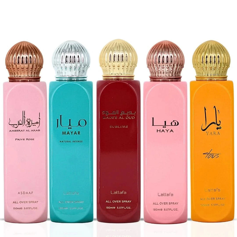 Lattafa Bade'e Al Oud Sublime, Yara Tous, Haya, Ameerat Al Arab Prive Rose & Mayar sprays bundle, 150ml each, natural floral scents