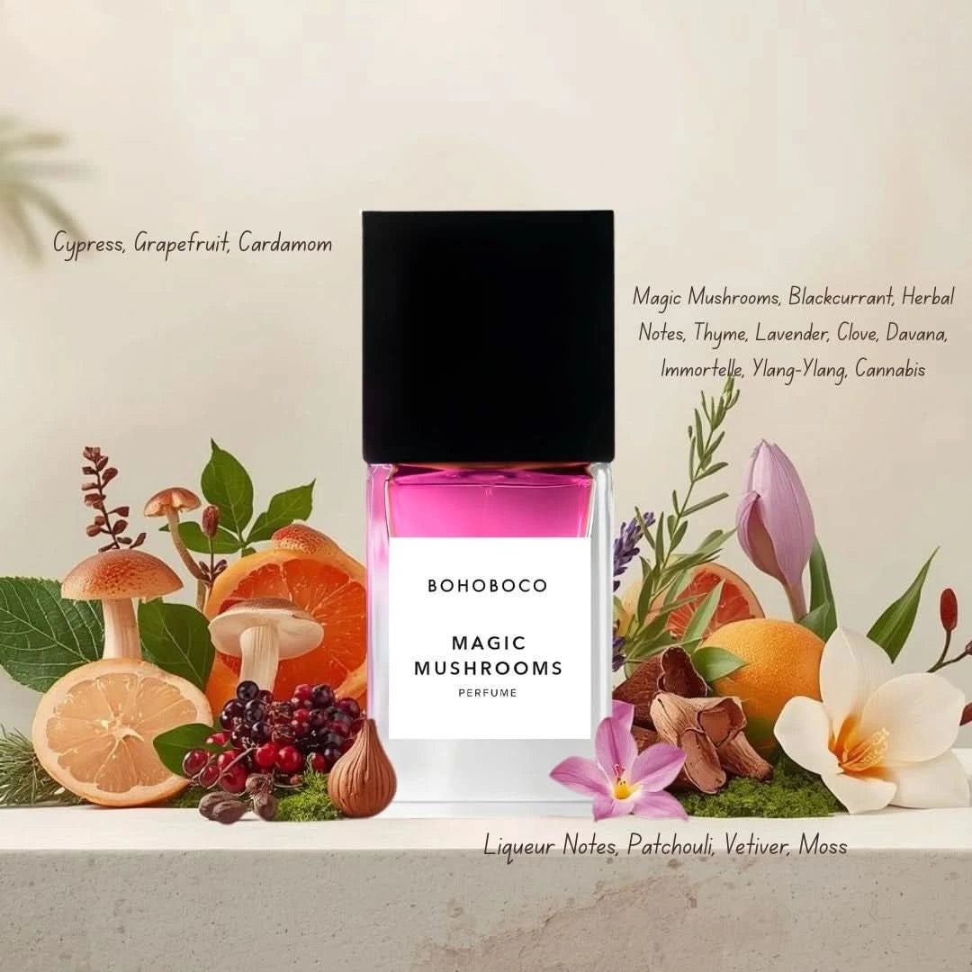 Bohoboco Magic Mushrooms Eau de Parfum spray bottle, 50ml, featuring elegant packaging and a sleek design.
