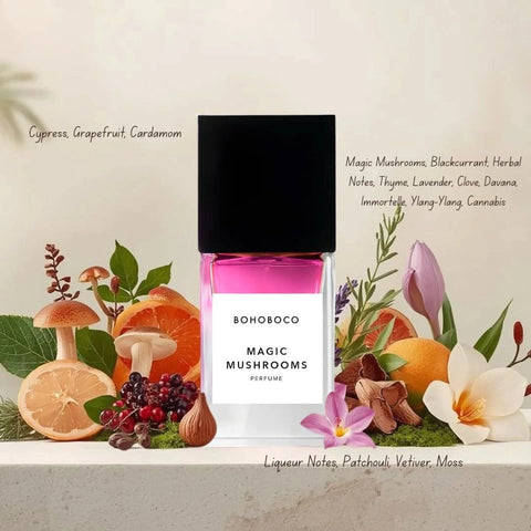 Bohoboco Magic Mushrooms Eau de Parfum spray bottle, 50ml, featuring elegant packaging and a sleek design.