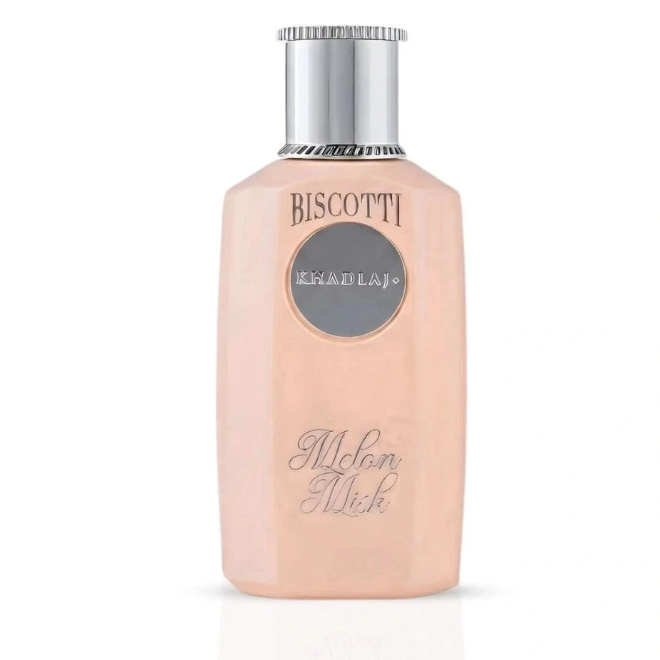 Khadlaj Biscotti Melon Misk Eau de Parfum spray 100ml bottle with elegant packaging and fragrance details.