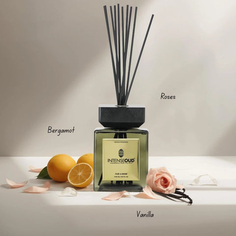 INTENSE OUD Reed Diffuser, Oud Rose – 1000ml (35.1 oz) – Fragrance for Up to 90 Days – Reusable, Refillable Glass Holder, Includes 6 All-Natural Reed Sticks