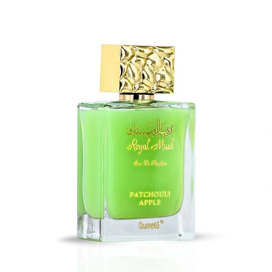 Surrati Royal Musk Patchouli Apple Eau de Parfum spray 100ml bottle, featuring elegant packaging and a luxurious fragrance.