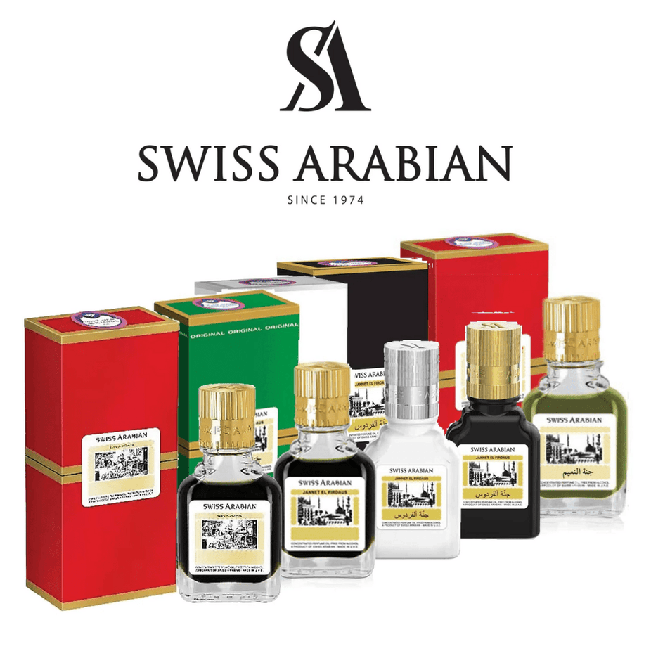 Swiss Arabian Jannet El Naeem Perfume Oil, 9ml CPO concentrated fragrance oil with elegant bottle and floral accents.