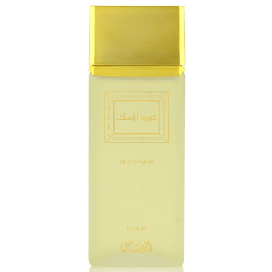 Rasasi Oudh Al Misk EDP bottle with elegant design, 100ml (3.4 oz) Eau De Parfum in clear glass with gold accents.