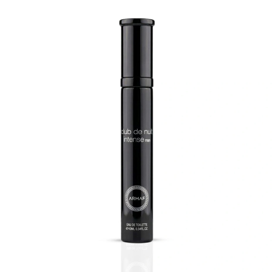 Travel size Armaf Club De Nuit Intense Man Eau de Toilette spray, 10ml, with sleek bottle design and cap.