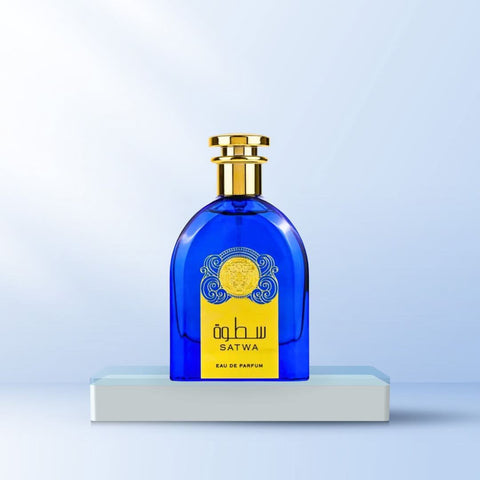 Ard Al Zaafaran Satwa Eau de Parfum spray 100ml with velvet pouch, elegant bottle and fragrance cap visible in the image.