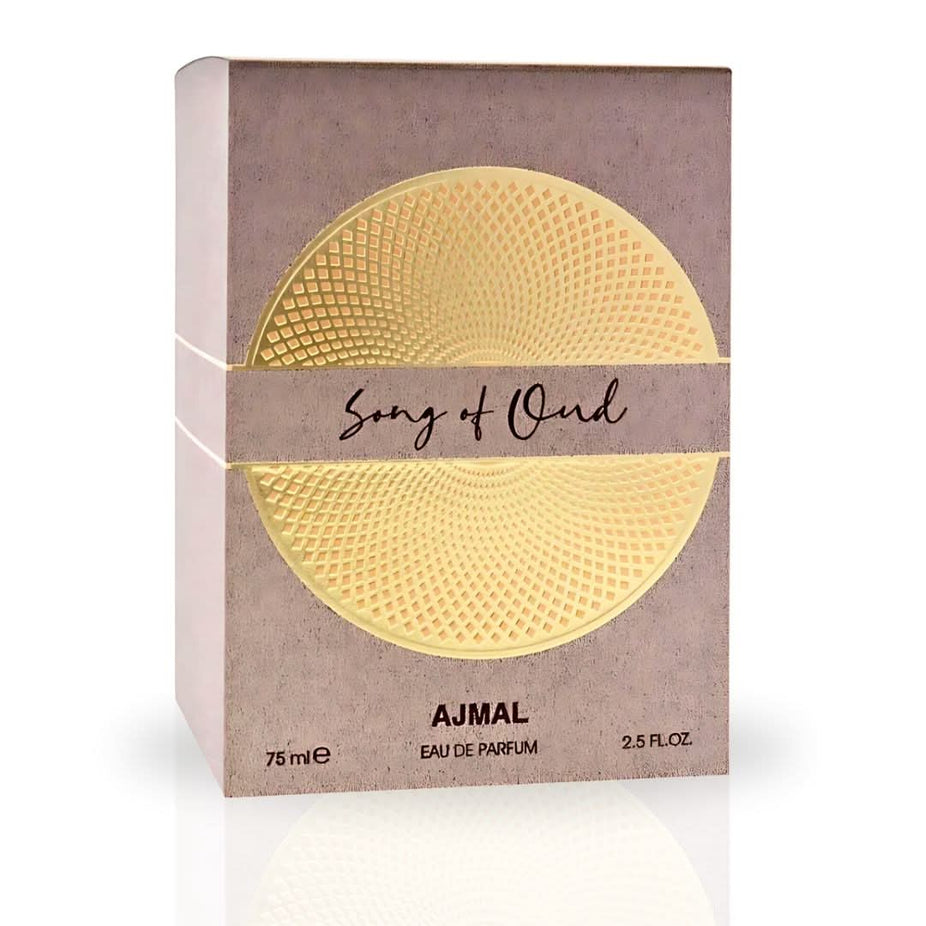Ajmal Song of Oud EDP perfume spray 75ML bottle with floral and luxurious scent, long-lasting fragrance, elegant packaging.