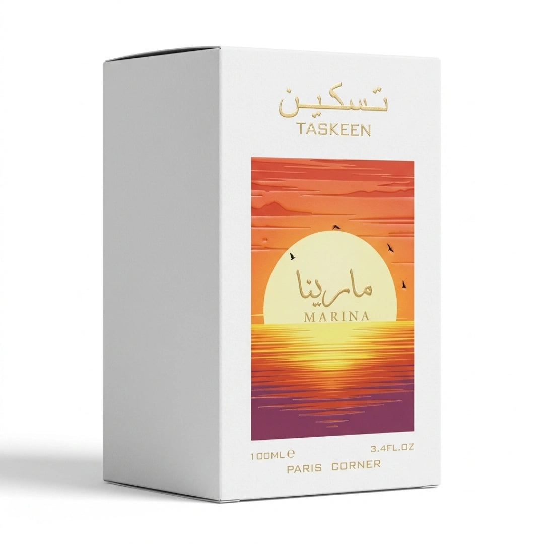 Taskeen Marina Eau de Parfum spray by Paris Corner, 100ml, with a sleek bottle and elegant design.