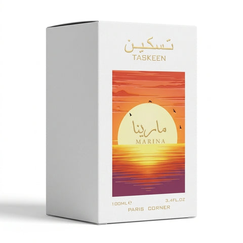 Taskeen Marina Eau de Parfum spray by Paris Corner, 100ml, with a sleek bottle and elegant design.