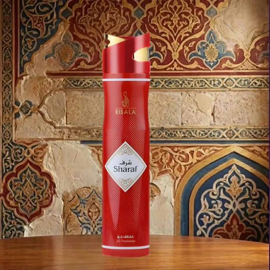 Risala Sharaf Air Freshener 300ml bottle with a sleek design and label, ideal for freshening indoor spaces.