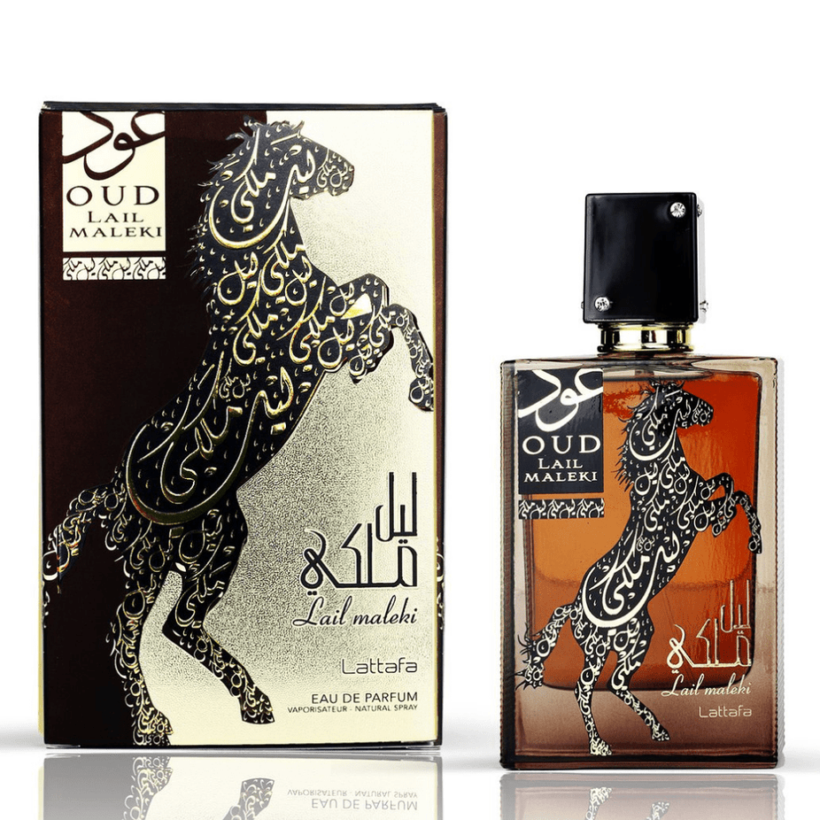 Lattafa Oud Lail Maleki Eau de Parfum spray bottle, 100ml, elegant packaging with a luxurious design.