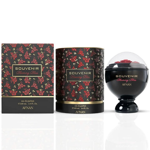 Afnan Souvenir Blooming Bliss and Desert Rose Eau de Parfum sprays bundle, 100ml each, featuring elegant glass bottles with floral designs.