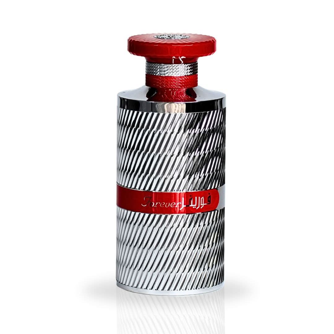 Forever Silver Eau de Parfum spray by Ard Al Zaafaran in a sleek 100ml bottle, displayed with a velvet pouch.