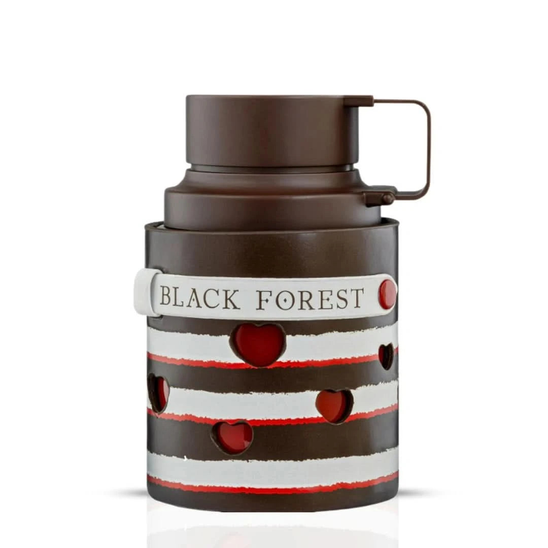 Odyssey Black Forest Eau de Parfum spray by Armaf in a velvet pouch, 100ml bottle with elegant black design.