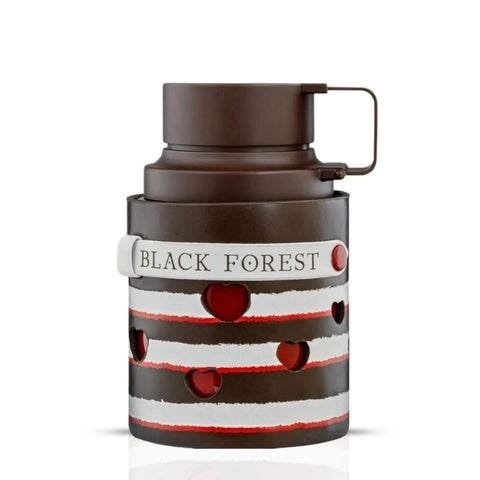 Odyssey Black Forest Eau de Parfum spray by Armaf in a velvet pouch, 100ml bottle with elegant black design.