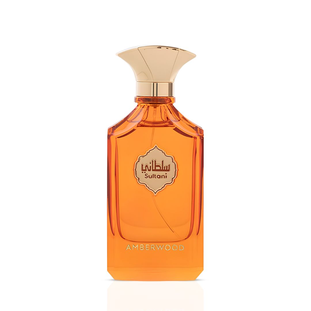 Arabian Oud Sultani Amberwood Eau de Parfum spray bottle with elegant design, 100ml, showcasing the luxurious fragrance container.